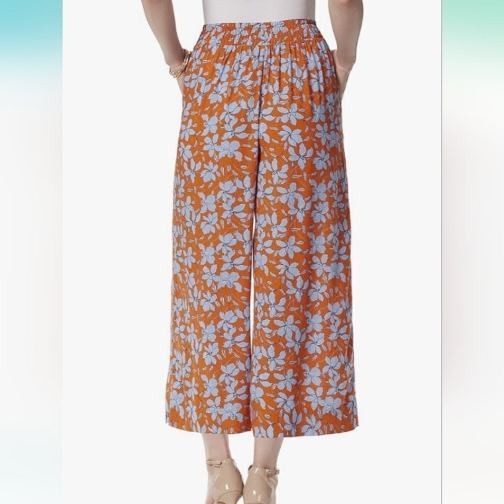 Jessica Simpson Women orange blue floral wide leg cropped flowy pants sz 2X Boho - Picture 5 of 10